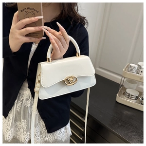 Detailed view of white minimalist handbag with gold metal clasp and a thin shoulder strap