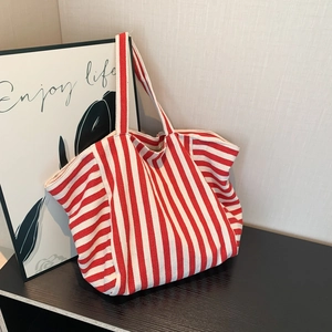 Sac Fourre-Tout en Toile de Nylon Rayé pour Femmes Grande Capacité Sac à Main Épaule Décontracté pour le Shopping Voyage Plage