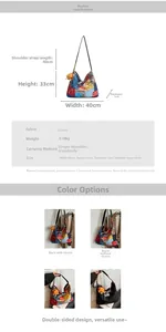 Canvas tote bag size details showing 40x33x1cm dimensions and shoulder strap length