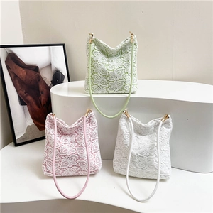 Elegant lace shoulder bag with floral butterfly patterns in white pink and green colors