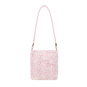 Pink fairy-style shoulder bag with white lace butterfly patterns and golden metal hooks