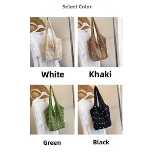 Detail view of colorful beaded handmade crochet tote bags in four varied stylish colors