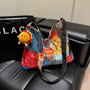 Bohemian Patchwork Canvas Tote Bag Large Capacity Crossbody Shoulder Bag With Burger Plush Charm For Women Daily Travel