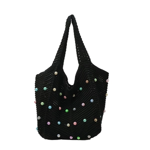 Black crochet woven tote bag with colorful pearls for summer beach holiday style