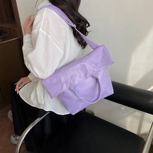 Elegante bolso tote de cuero PU lila con asa superior y bandolera para mujer