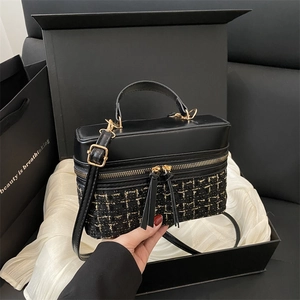 Women Vintage Patchwork Tweed Shoulder Bag PU Leather Boxy Bucket Bag With Handheld Strap For Socialite Daily Party Fashion