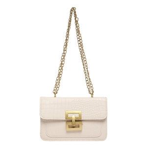 Bolso bandolera beige con grabado de cocodrilo y cierre metálico geométrico dorado chic