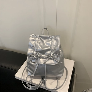 Women Pleated Bow Mini Backpack Korean Style PU Leather Drawstring Small School Bag Travel Casual Daypack For Girls