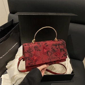 Vintage Lace Butterfly Embroidery Small Square Handbag For Women Metal Handle Shoulder Crossbody Bag Elegant Evening Purse