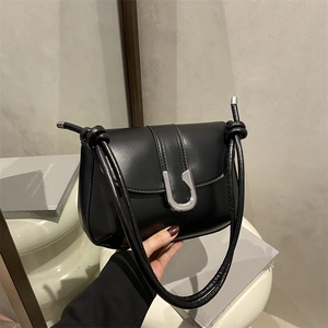 Women Minimalist PU Leather Underarm Bag With Silver U Shaped Metal Buckle Casual Knotted Strap Single Shoulder Bag Baguette Purse