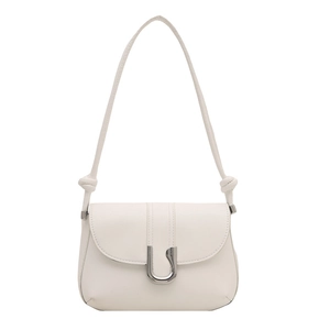 Minimalist white shoulder bag featuring a silver U-shaped clasp and knot shoulder strap