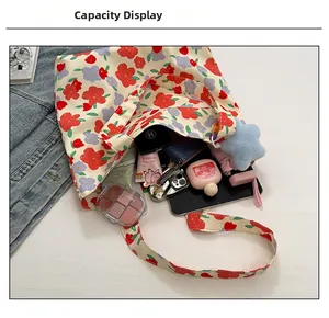 Floral canvas tote bag showing large capacity for cosmetics and daily essentials