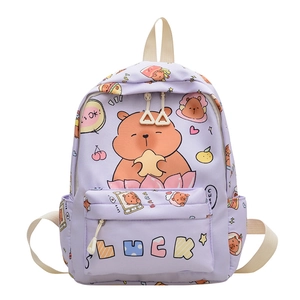 Zaino scolastico lilla per bambini con simpatici capibara e stampe di fragole