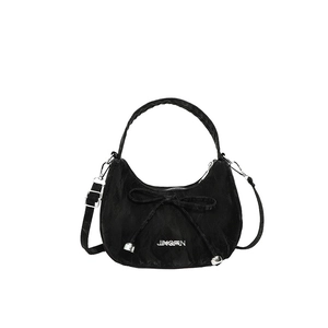Sac hobo chic en nylon noir avec nœud, poignée supérieure et bandoulière réglable