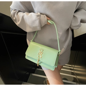 Detail of mint green small crossbody bag with gold S-letter tassel hardware decoration