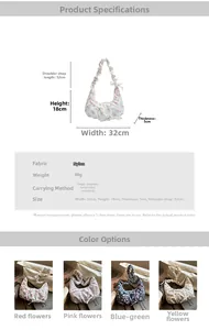 Detailed size chart and multi-color options for the lightweight floral nylon tote bag