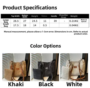 Detailed size chart and corduroy texture closeup for large capacity tote bag