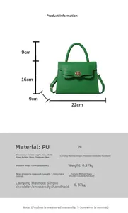 Detailed size specifications of the green PU leather crossbody bag with dimensions shown
