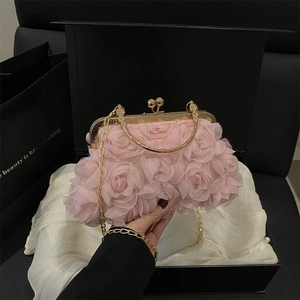 Trendy 3D Rose Flower Evening Bag For Women Elegant Banquet Clutch With Chain Strap PU Mesh Floral Crossbody Handbag