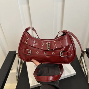 Women Retro Rivet Underarm Bag PU Leather Solid Color Y2K Punk Shoulder Bag With Buckle Grommet Detail Street Fashion Purse