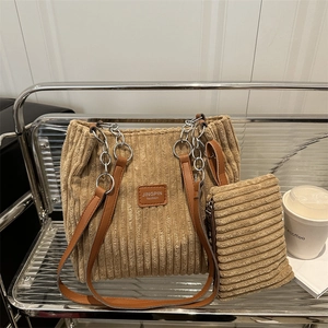 Braunes Cord-Tote-Set mit Kettenriemen und passender kleiner Tasche