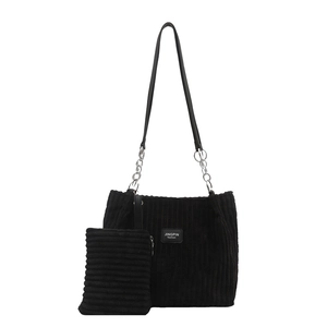 Schwarzes Cord-Taschen-Set mit Kettenriemen und passendem Beutel für Damen