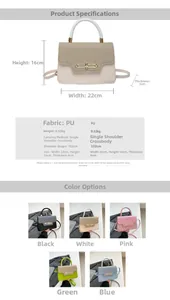Detailed dimension guide and color options for the bicolor flap crossbody square bag