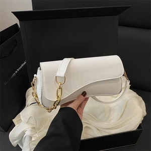 French Style Women PU Leather Shoulder Bag With Asymmetric Flap Gold Chain Decorative Underarm Crossbody Bag For Daily Commute