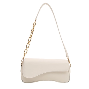 Minimalist cream white shoulder bag with wave-edge flap and golden chain strap detail
