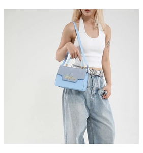 Blue handbag with grey woven texture and gold buckle shown on a model in a studio setting