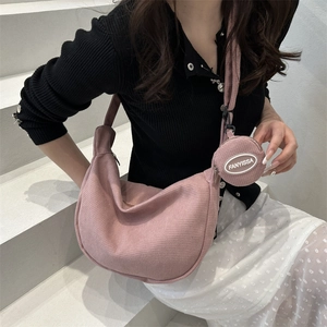 Pink corduroy half-moon tote bag with matching coin purse for summer casual wear