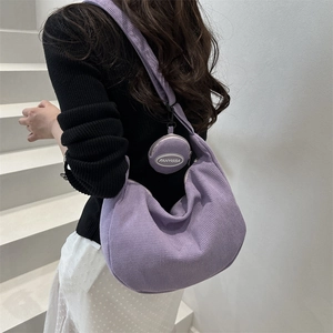 Purple corduroy crescent shoulder bag with matching round coin purse for women