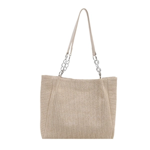 Large woven tote bag in beige with herringbone pattern and silver chain shoulder straps