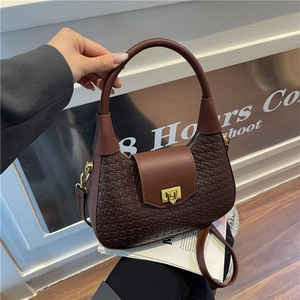 Fashion Women PU Leather Woven Crescent Handbag With Gold Metal Lock Adjustable Shoulder Strap Versatile Crossbody Bag Daily