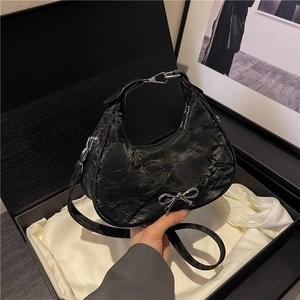 French Style Bowknot Pleated Hobo Bag For Women Vintage PU Leather Shoulder Underarm Bag Fashion Crescent Handbag Baguette Bag