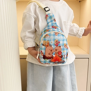 Cute Capybara cartoon crossbody bag with blue plaid pattern and adjustable strap for kids