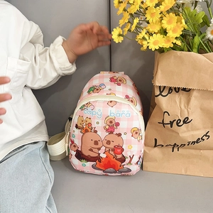 Pink checkered kids crossbody bag with cute cartoon capybara print and adjustable strap