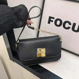 Fashion PU Leather Crossbody Bag Women Gold Square Metal Buckle Solid Color Shoulder Bag With Patchwork Chain Strap