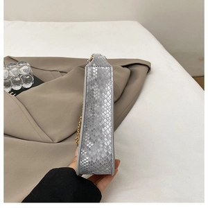 Close-up of silver snakeskin texture bag with elegant gold chain strap detail