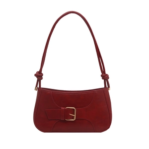 Retro red baguette shoulder bag with gold buckle and stylish knot handle design