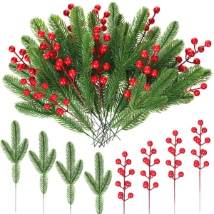 PE Plastic Artificial Pine Needles And Red Berry Stems For DIY Christmas Crafts Home Holiday Party Decoration Accessories
