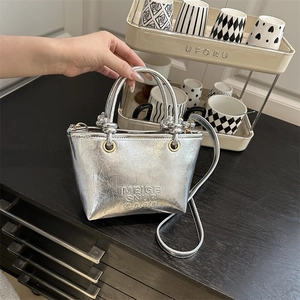 Fashion Women's Metallic Silver Bucket Bag 2025 New Trend Solid Color Handbag Shoulder Crossbody Bag With Letter Embossed