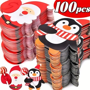Set of 100 Santa and Penguin cardboard lollipop holders for Christmas candy decoration