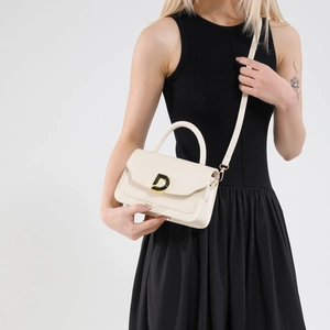 Chic beige structured rectangular crossbody bag with elegant gold D-shaped buckle