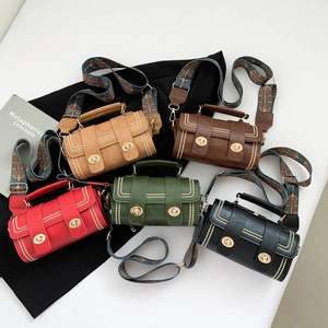 Retro cylinder crossbody handbags in five colors with ethnic style wide shoulder straps