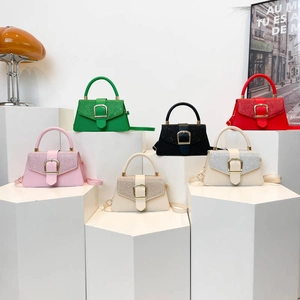 Glossy candy-colored square handbags in six colors with gold buckle and top handle