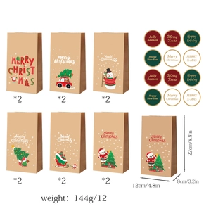 Lot de 12 sacs cadeaux de Noël en papier kraft avec motifs festifs et autocollants