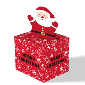 Detail of red Christmas candy box featuring Santa Claus topper and snowflake patterns