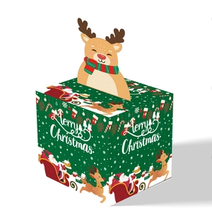 Christmas gift box in dark green with 3D reindeer decor and Merry Christmas patterns