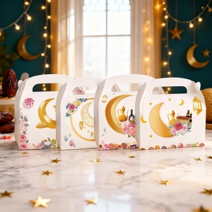 Ramadan themed star gift boxes set with festive moon and lantern motifs for party packing